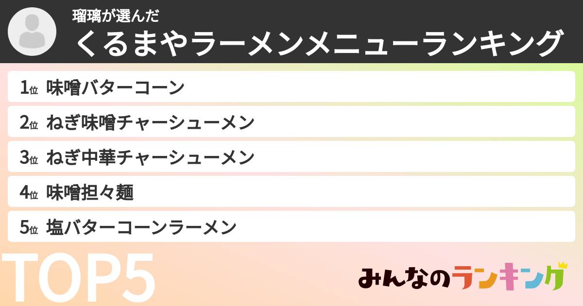 瑠璃さんの「くるまやラーメンメニューランキング」
