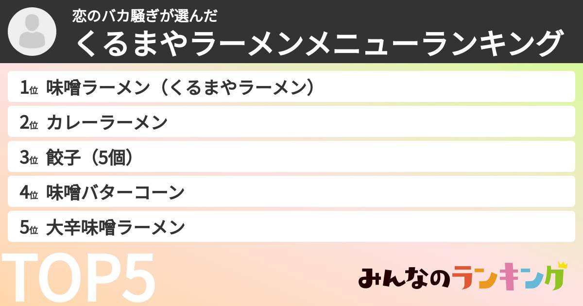 恋のバカ騒ぎさんの「くるまやラーメンメニューランキング」