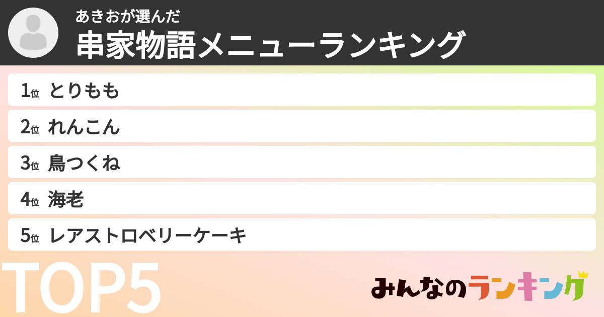 あきおさんの「串家物語メニューランキング」