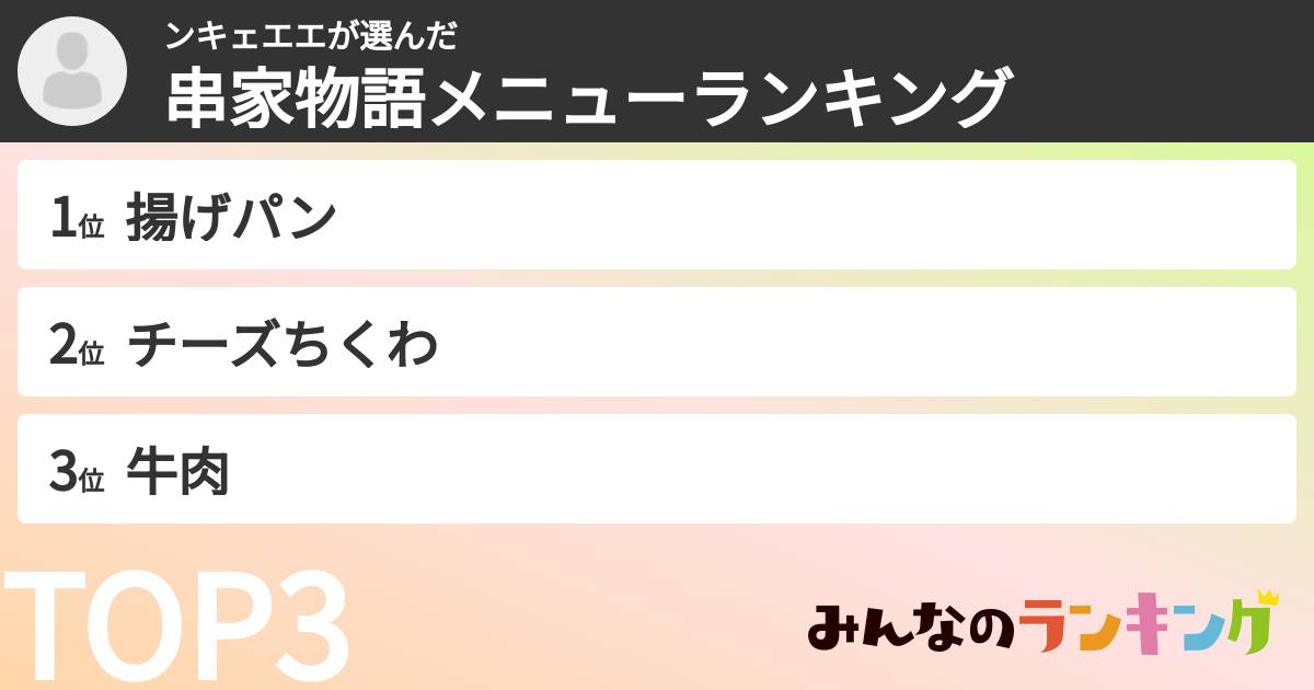ンキェエエさんの「串家物語メニューランキング」