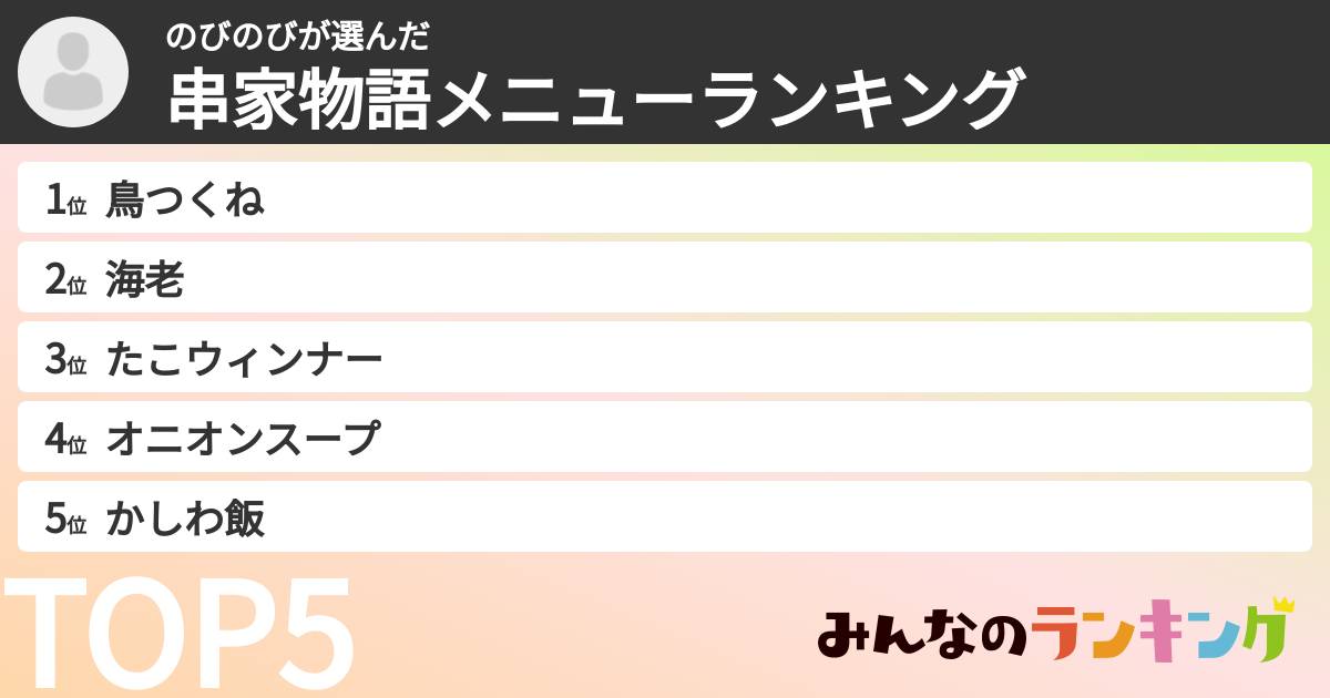 のびのびさんの「串家物語メニューランキング」