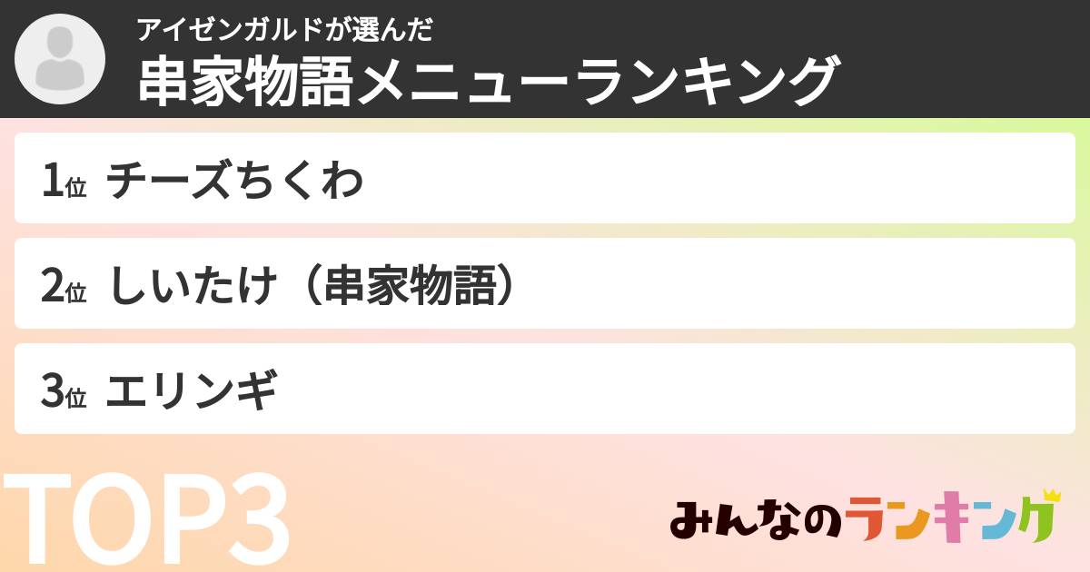 アイゼンガルドさんの「串家物語メニューランキング」