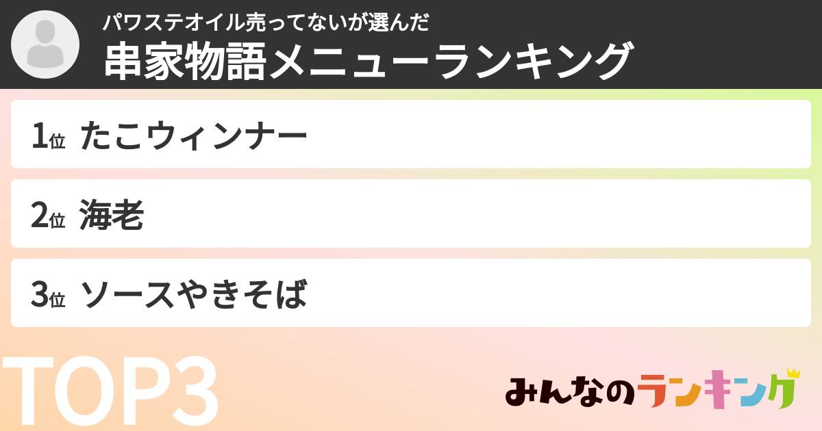 パワステオイル売ってないさんの「串家物語メニューランキング」