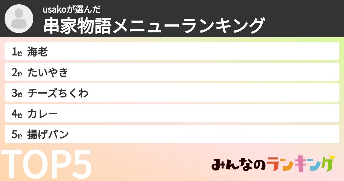 usakoさんの「串家物語メニューランキング」