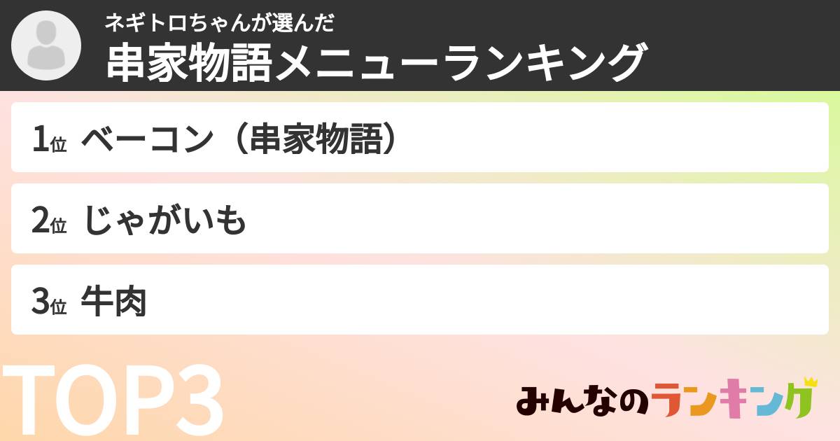 ネギトロちゃんさんの「串家物語メニューランキング」