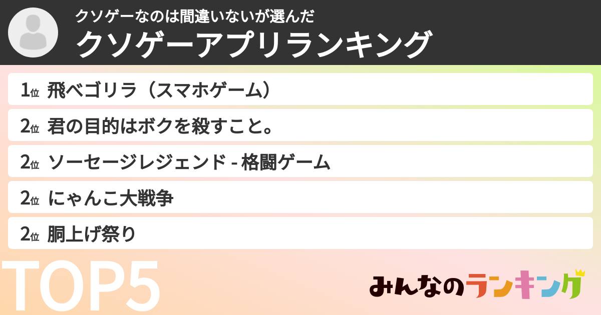 クソゲーなのは間違いないさんの「クソゲーアプリランキング」