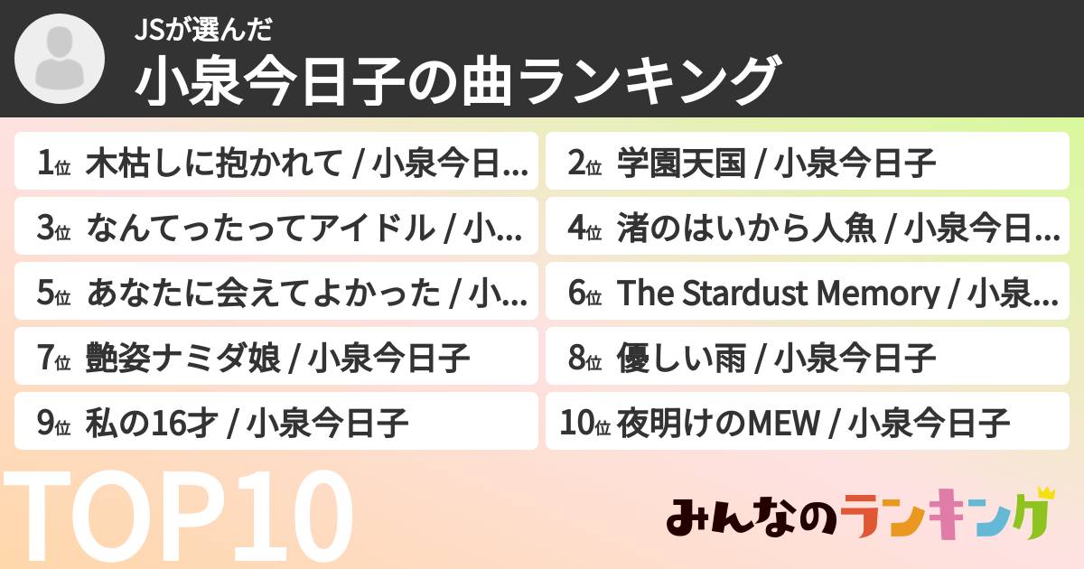 JSさんの「小泉今日子の曲ランキング」