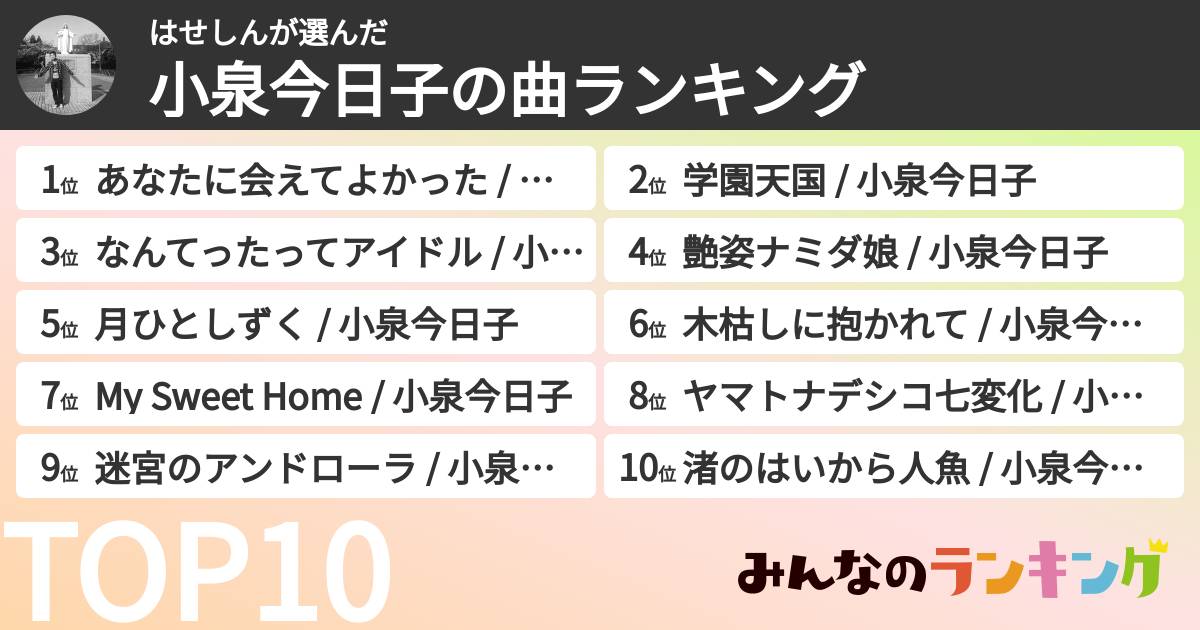 はせしんさんの「小泉今日子の曲ランキング」