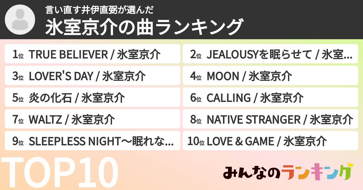 言い直す井伊直弼さんの「氷室京介の曲ランキング」