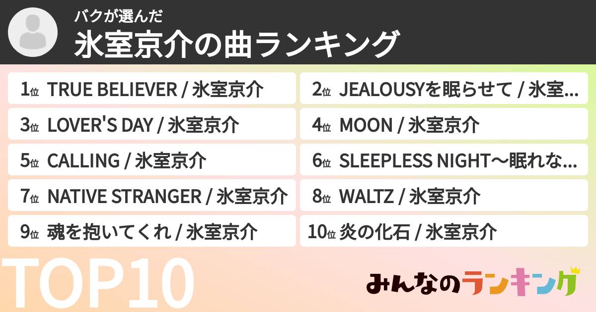 バクさんの「氷室京介の曲ランキング」
