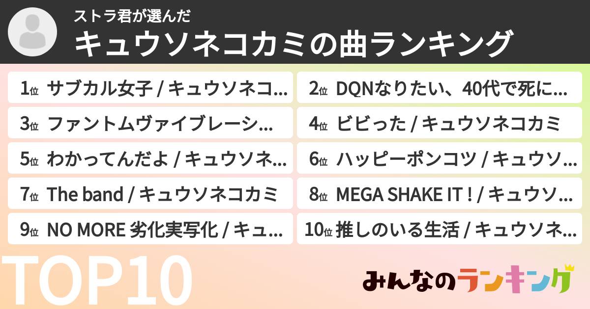ストラ君さんの「キュウソネコカミの曲ランキング」