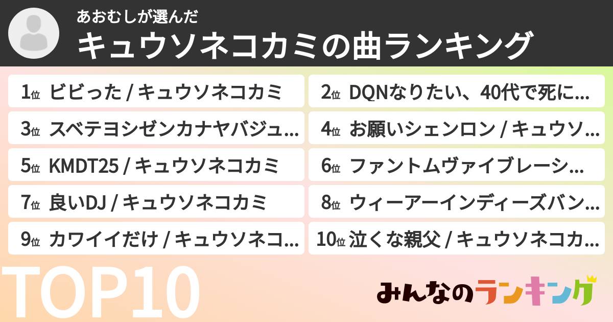 あおむしさんの「キュウソネコカミの曲ランキング」