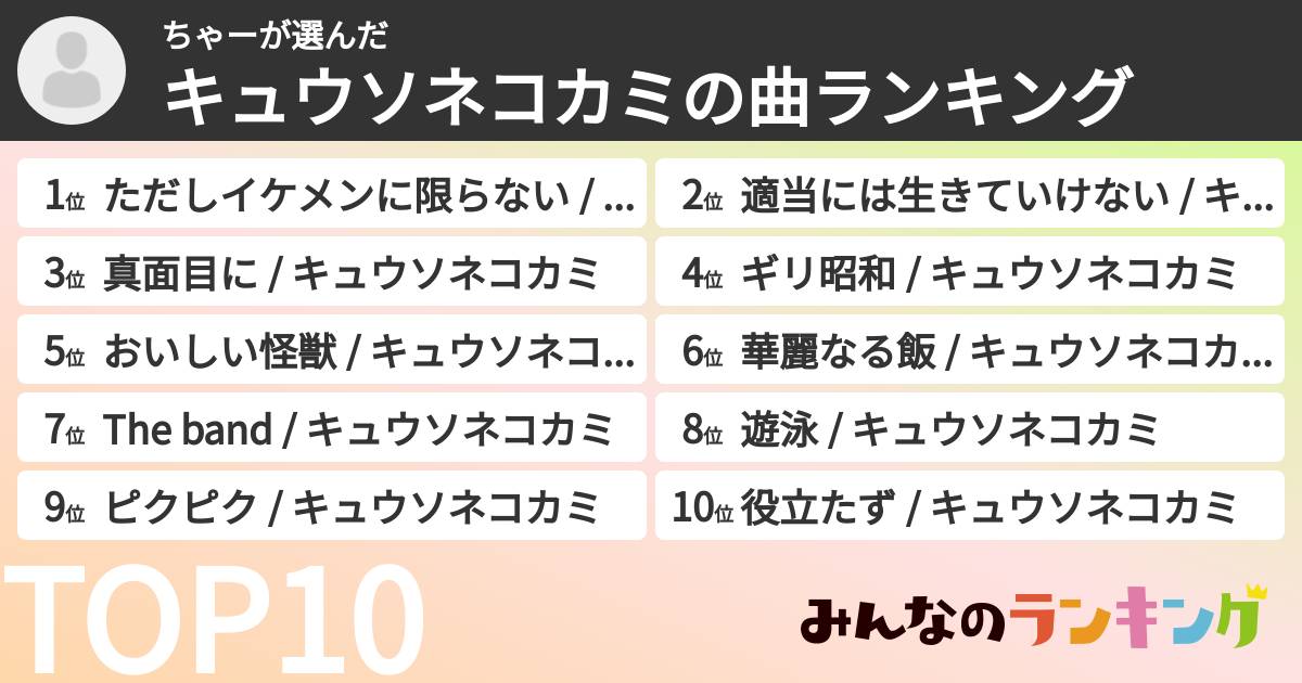 ちゃーさんの「キュウソネコカミの曲ランキング」