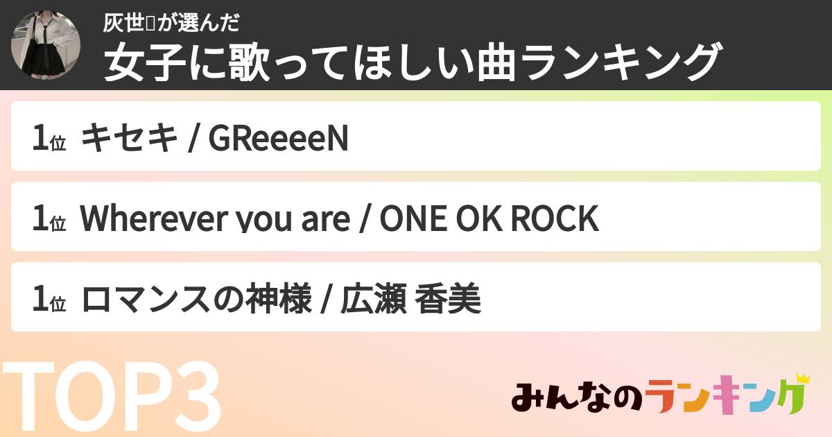 灰世❕さんの「女子に歌ってほしい曲ランキング」