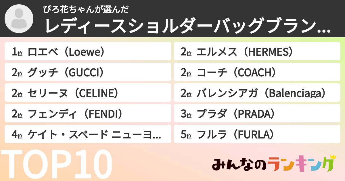 ぴろ花ちゃんさんの「レディースショルダーバッグブランドランキング」