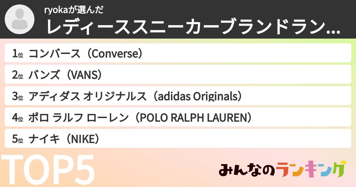 ryokaさんの「レディーススニーカーブランドランキング」