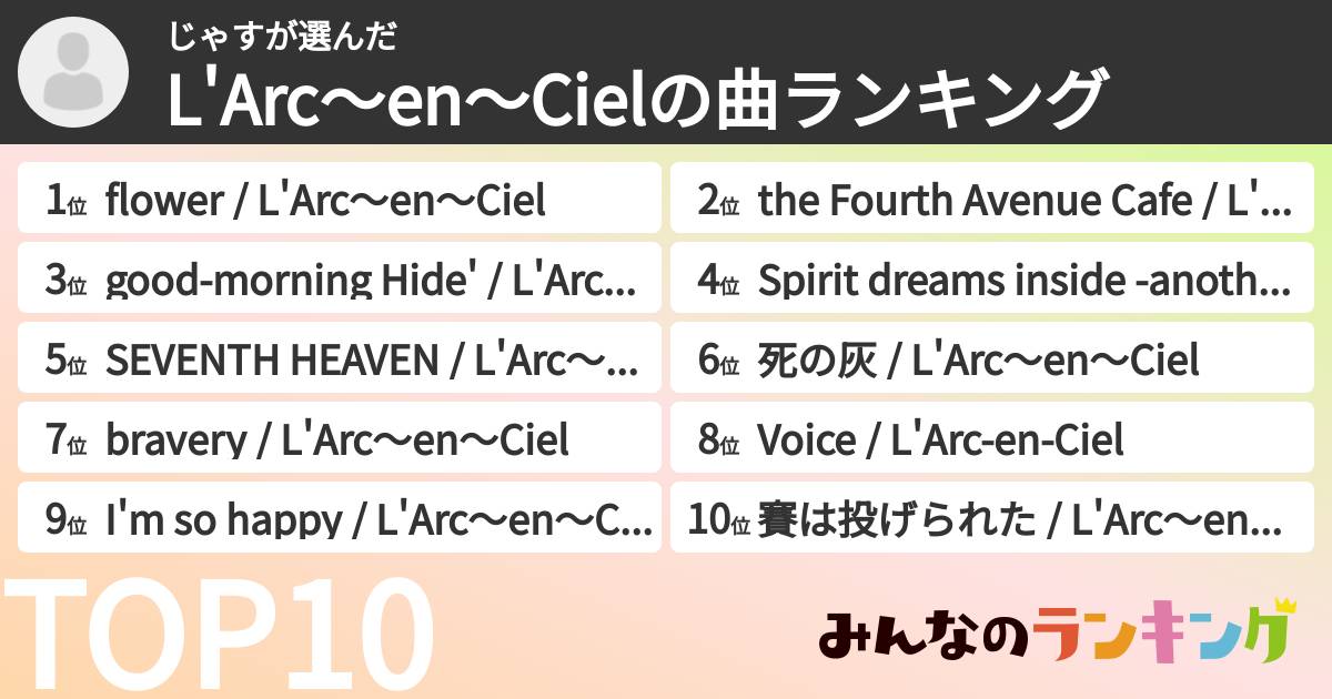 じゃすさんの「L'Arc〜en〜Cielの曲ランキング」