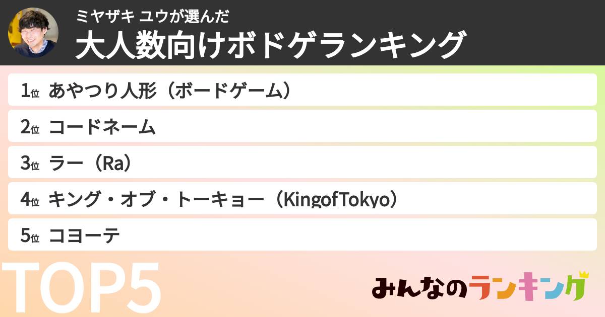 ミヤザキ ユウさんの「大人数向けボードゲームおすすめランキング」