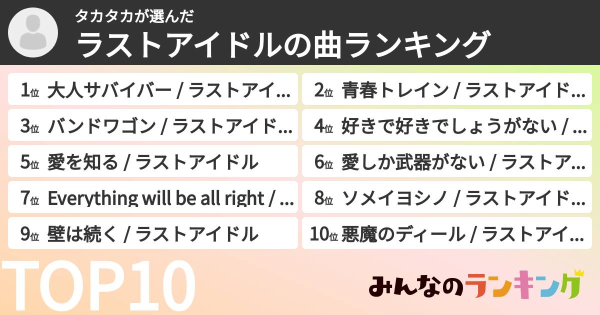 タカタカさんの「ラストアイドルの曲ランキング」