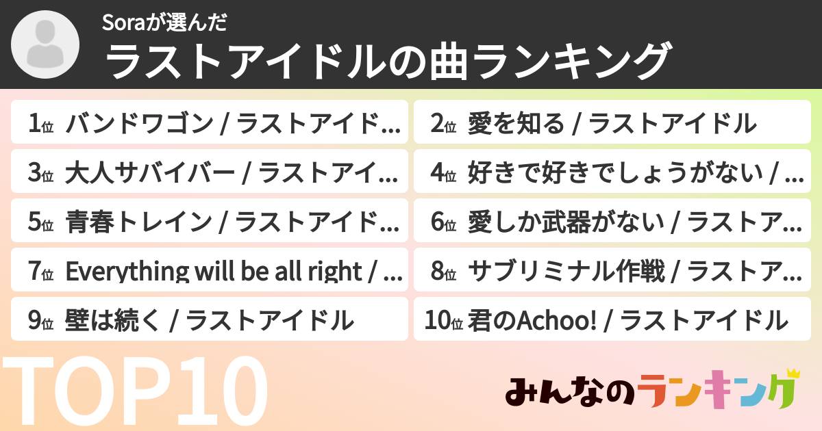Soraさんの「ラストアイドルの曲ランキング」