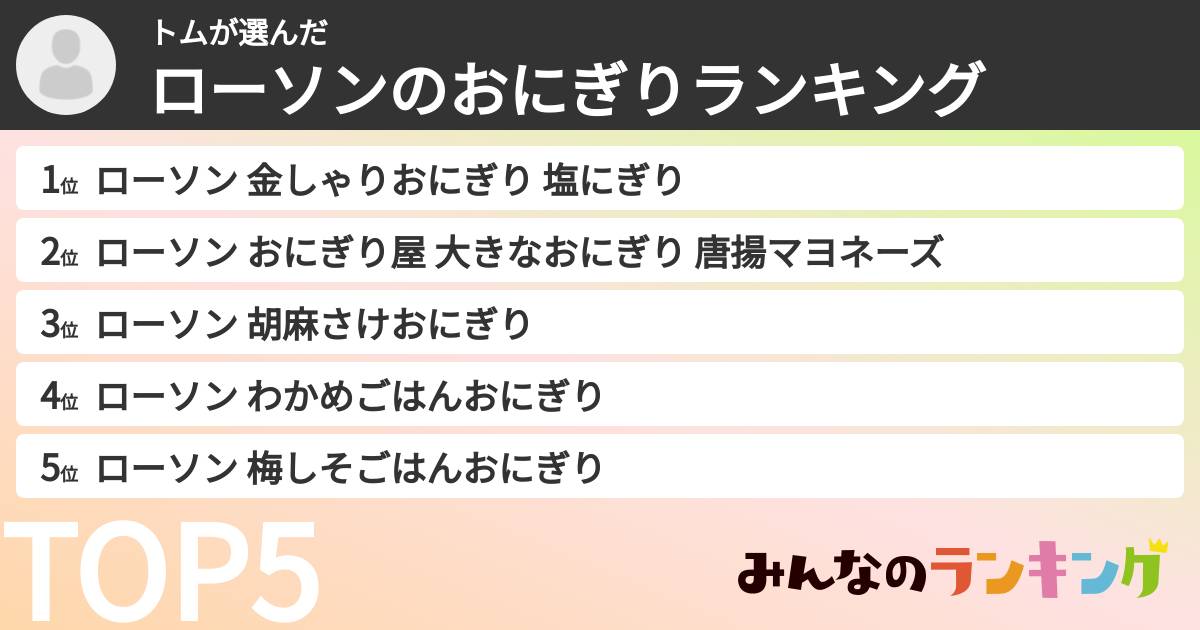 トムさんの「ローソンのおにぎりランキング」