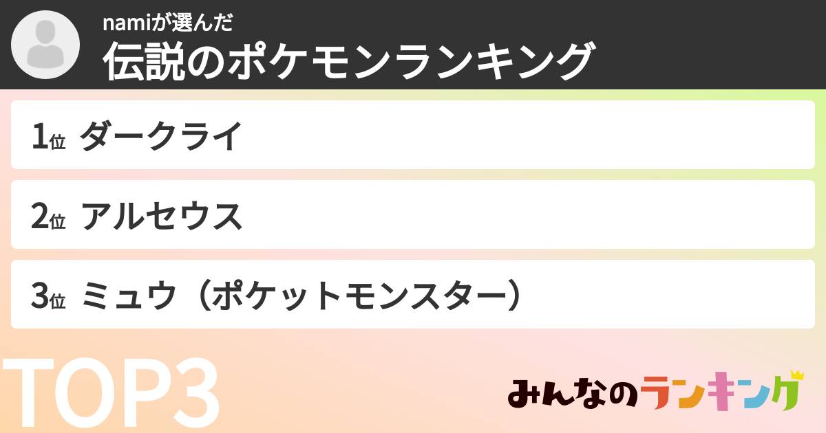 namiさんの「伝説のポケモンランキング」