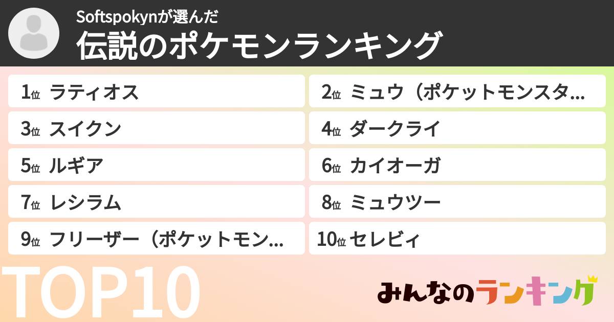 Softspokynさんの「伝説のポケモンランキング」