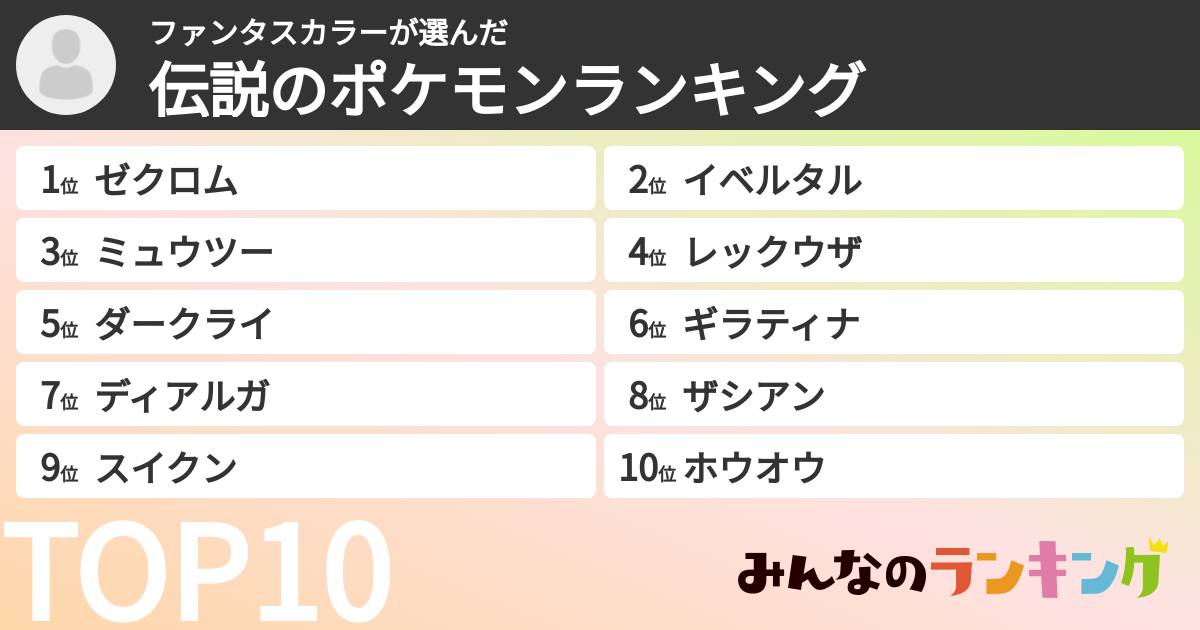 ファンタスカラーさんの「伝説のポケモンランキング」