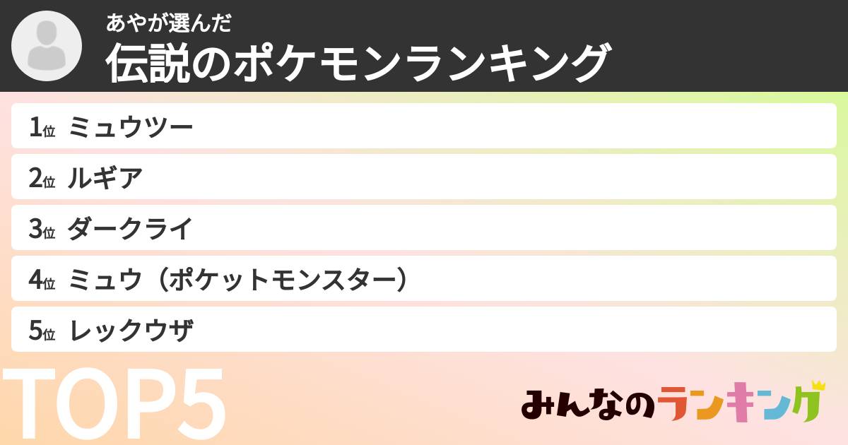 あやさんの「伝説のポケモンランキング」