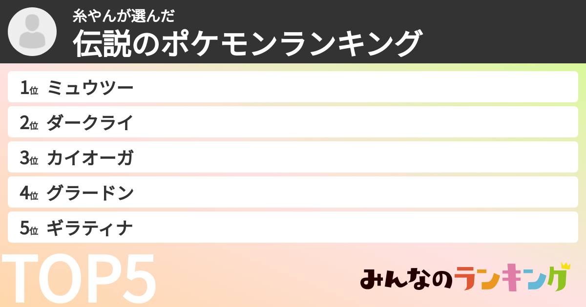 糸やんさんの「伝説のポケモンランキング」