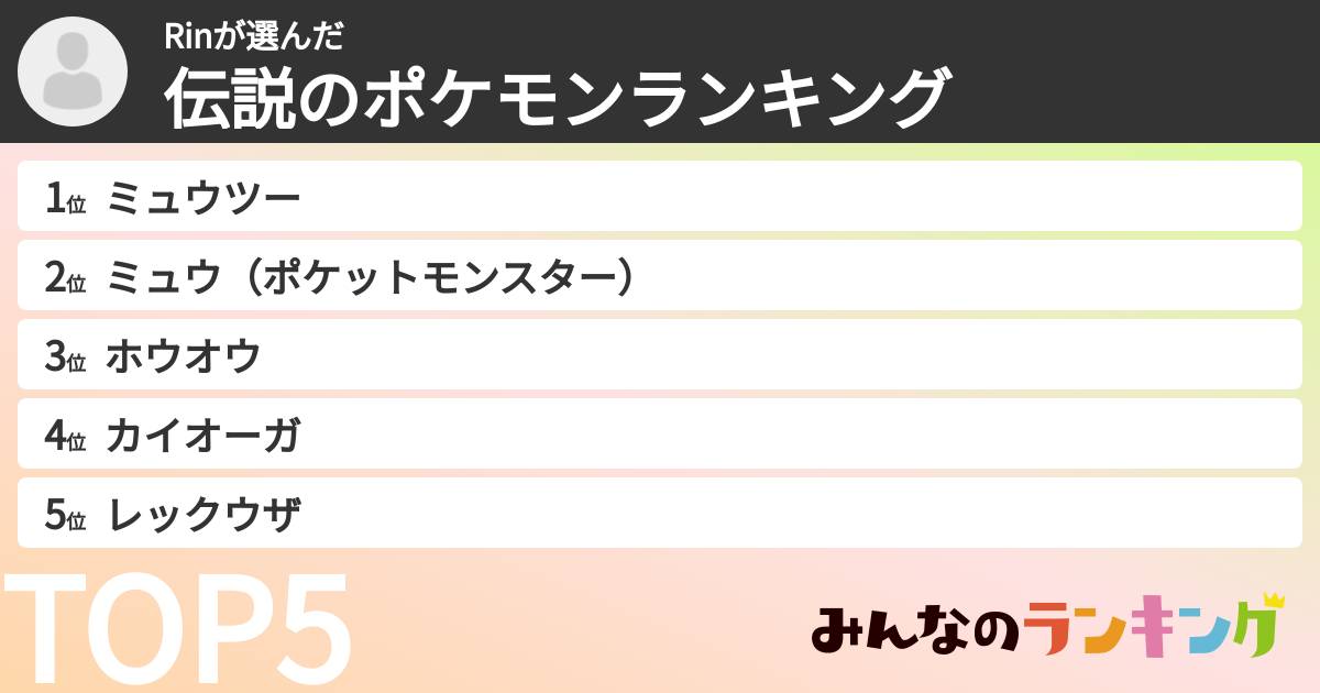 Rinさんの「伝説のポケモンランキング」
