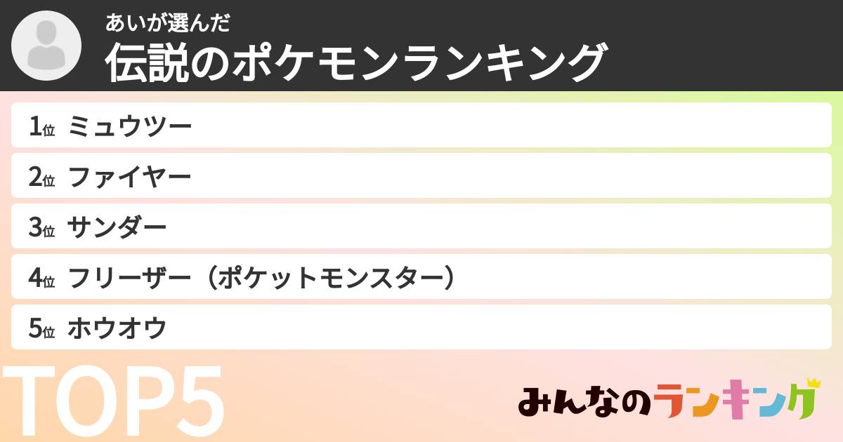 あいさんの「伝説のポケモンランキング」