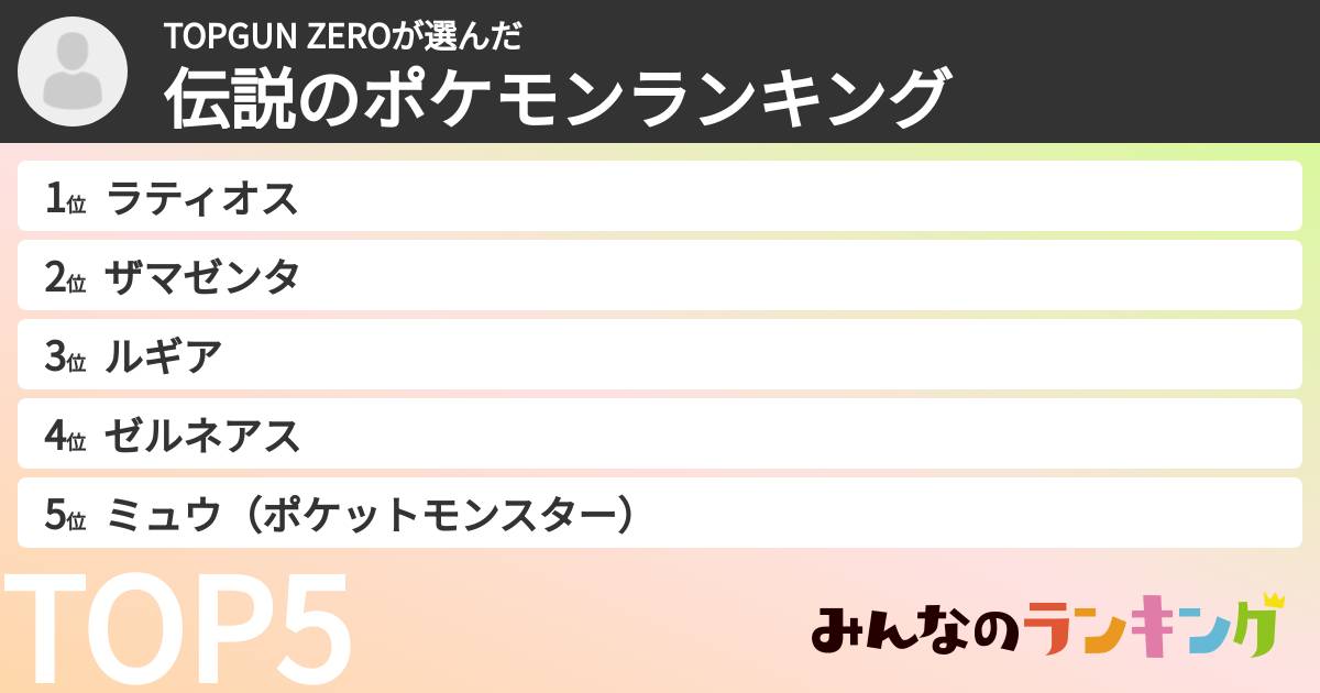 TOPGUN ZEROさんの「伝説のポケモンランキング」