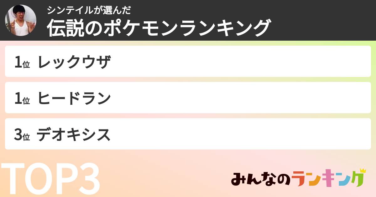 シンテイルさんの「伝説のポケモンランキング」