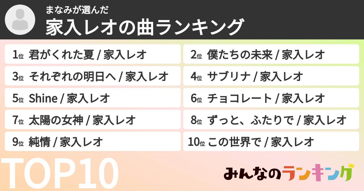 まなみさんの「家入レオの曲ランキング」
