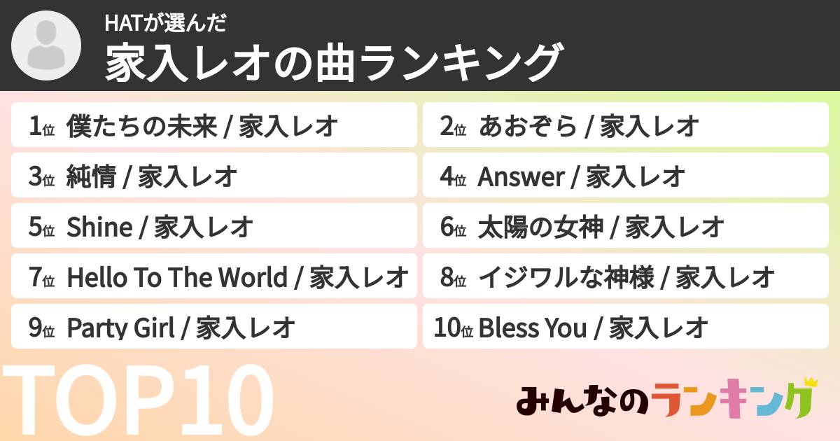 HATさんの「家入レオの曲ランキング」