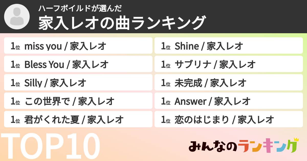 ハーフボイルドさんの「家入レオの曲ランキング」