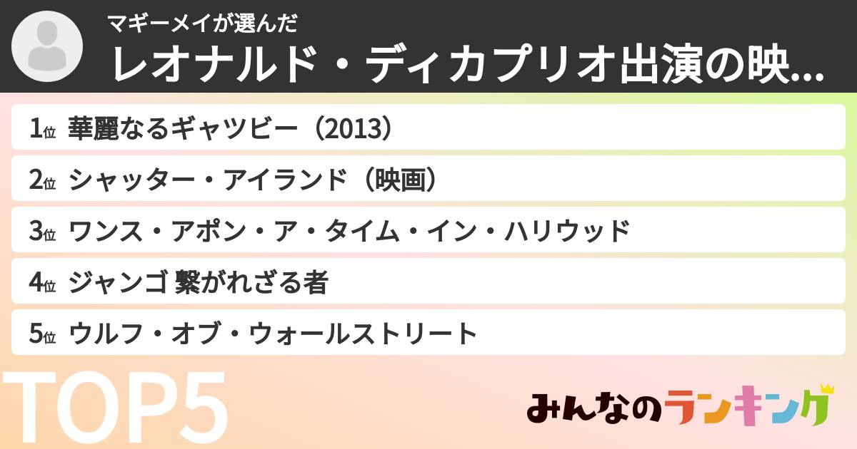 マギーメイさんの「レオナルド・ディカプリオ出演の映画ランキング」