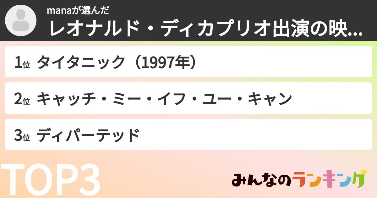 manaさんの「レオナルド・ディカプリオ出演の映画ランキング」