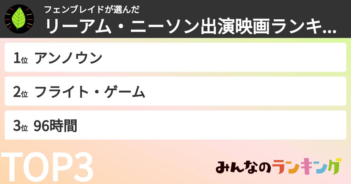 フェンブレイドさんの「リーアム・ニーソン出演映画ランキング」