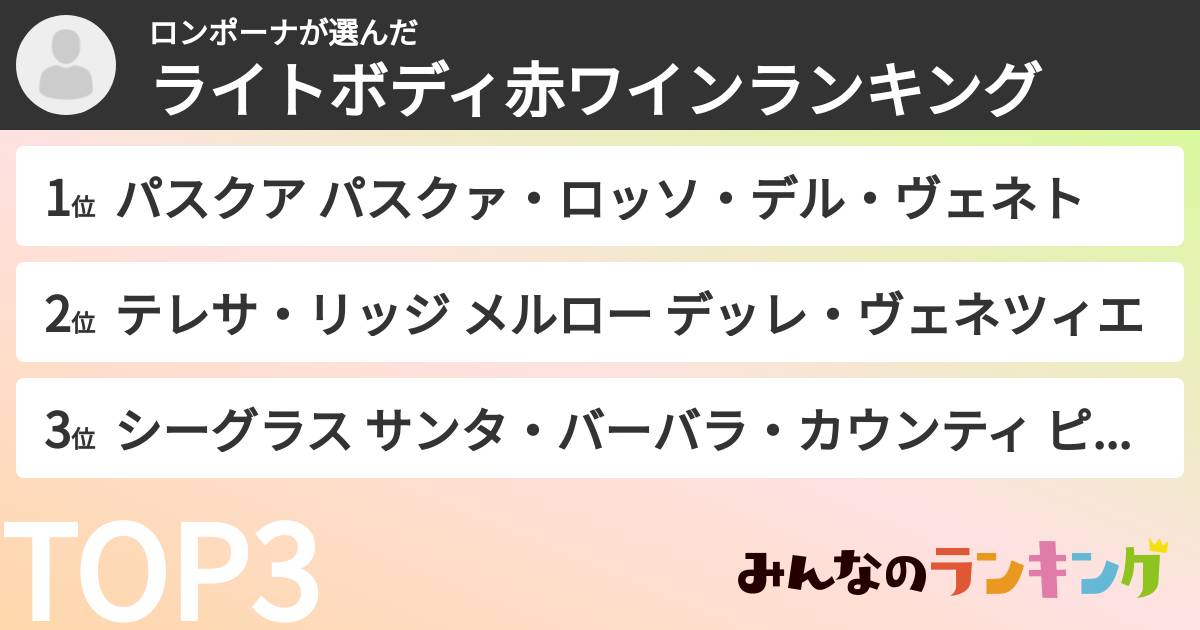 ロンポーナさんの「ライトボディ赤ワインランキング」