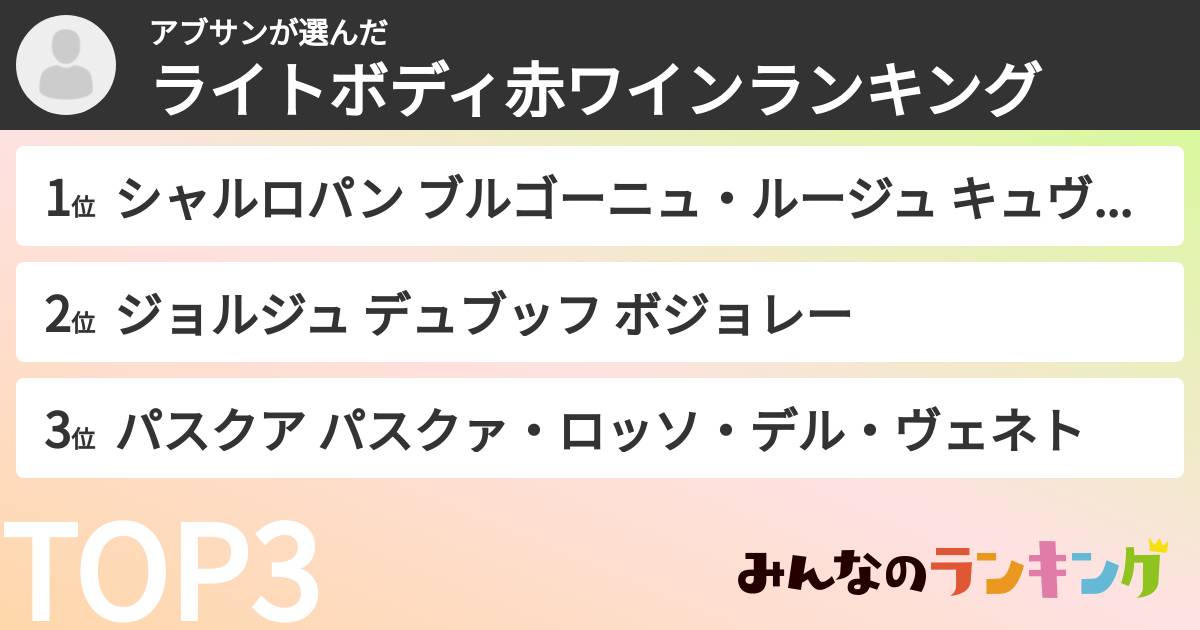 アブサンさんの「ライトボディ赤ワインランキング」