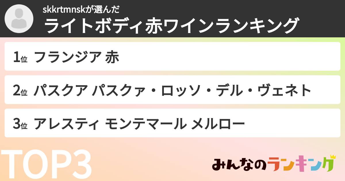 skkrtmnskさんの「ライトボディ赤ワインランキング」
