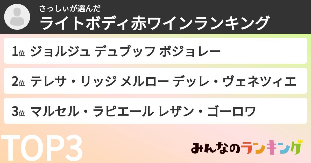 さっしぃさんの「ライトボディ赤ワインランキング」
