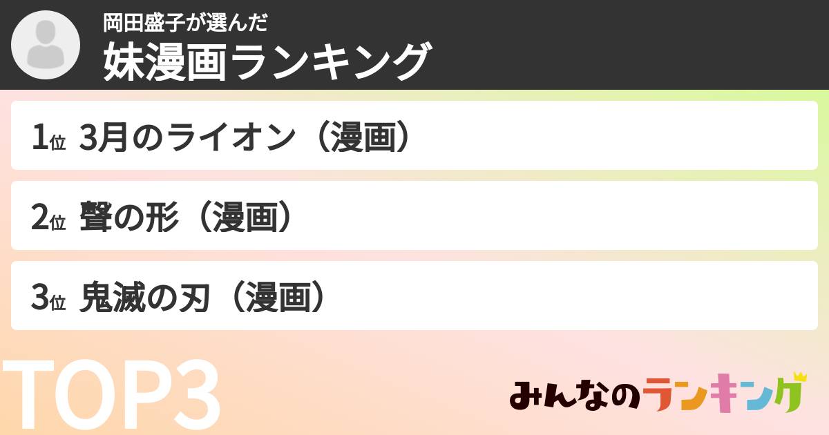 岡田盛子さんの「妹漫画ランキング」