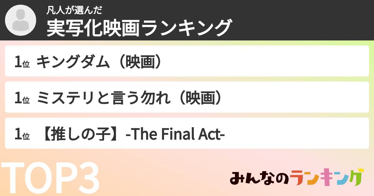 凡人さんの「実写化映画ランキング」