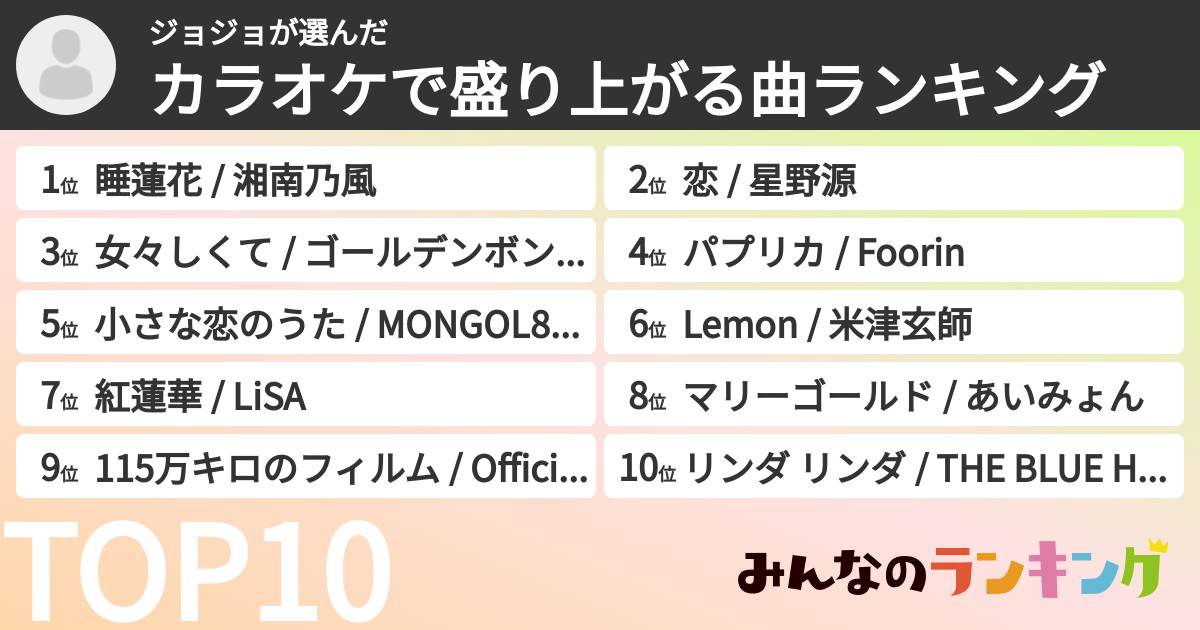 ジョジョさんの「カラオケで盛り上がる曲ランキング」