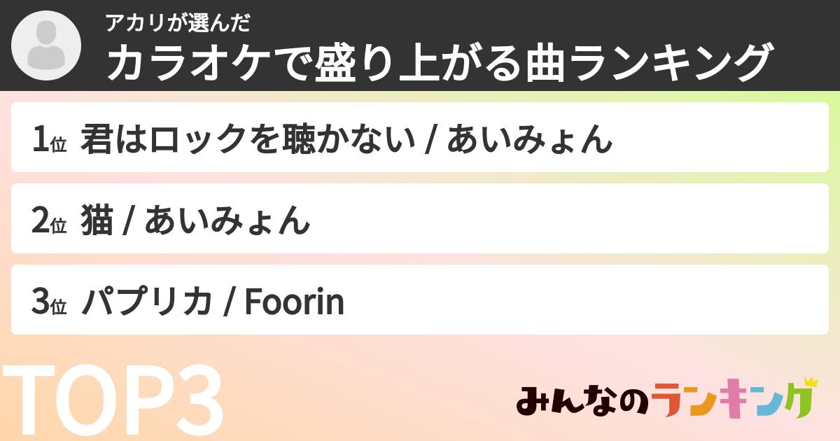 アカリさんの「カラオケで盛り上がる曲ランキング」