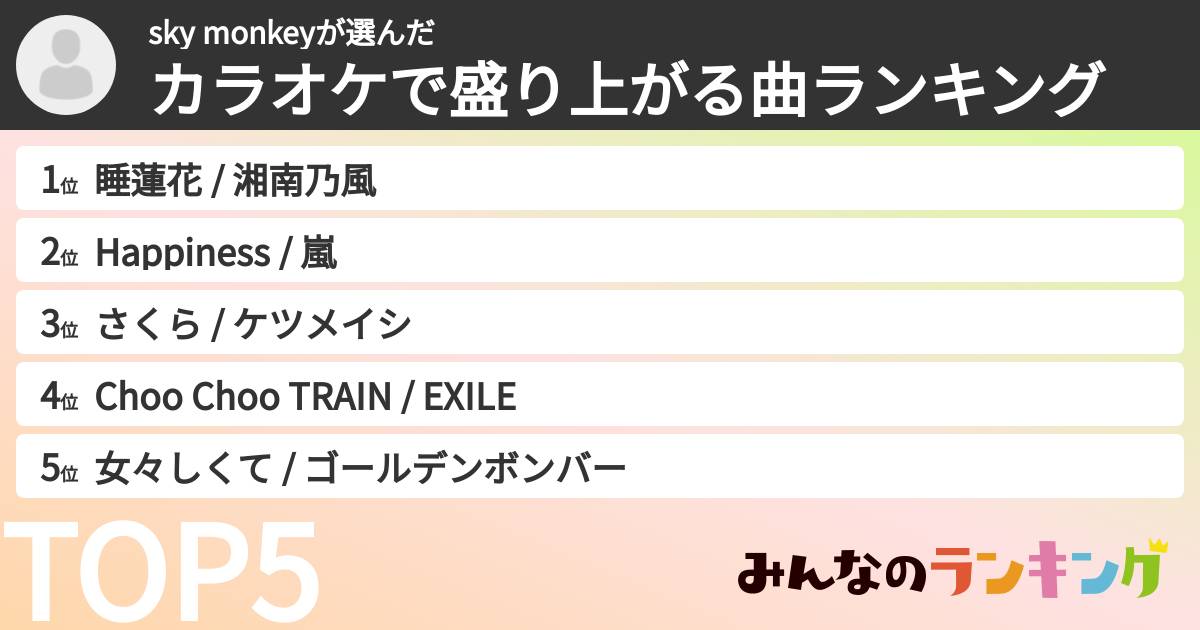sky monkeyさんの「カラオケで盛り上がる曲ランキング」