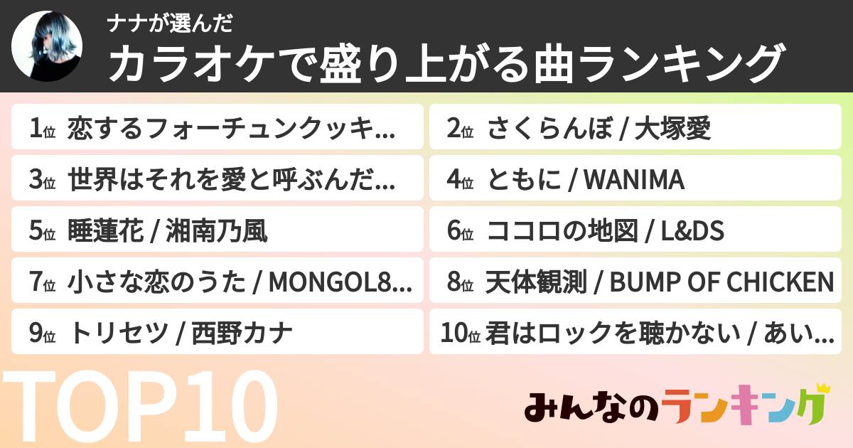 ナナさんの「カラオケで盛り上がる曲ランキング」